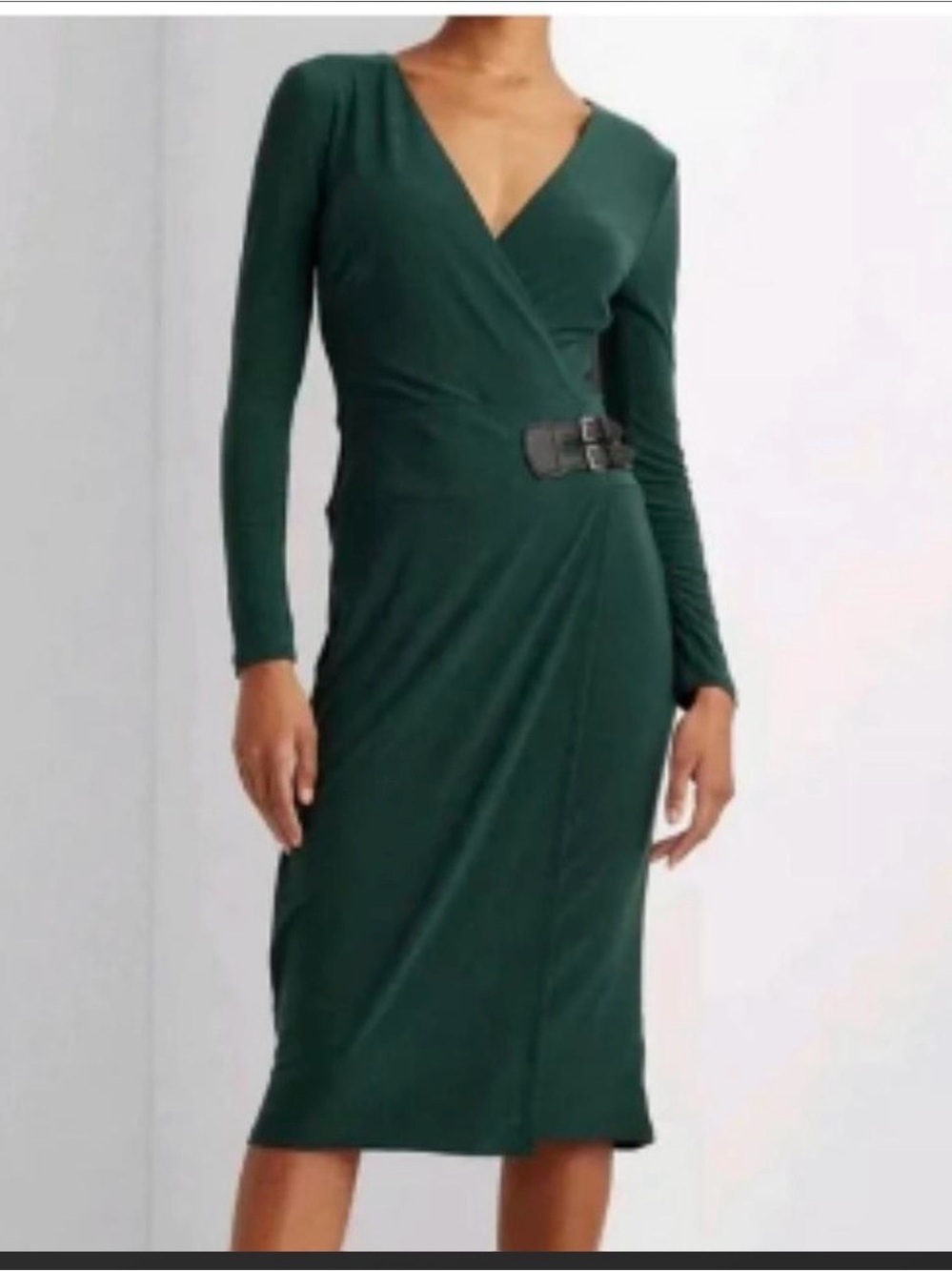 Elegant Deep Green Wrap Midi Dress with Buckle Detail polo Ralph luran size 12 d